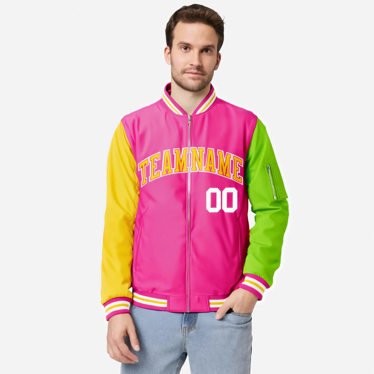 Custom Pink Neon Green-Gold Varsity Full-Zip Raglan Sleeves Letterman Bomber Jacket