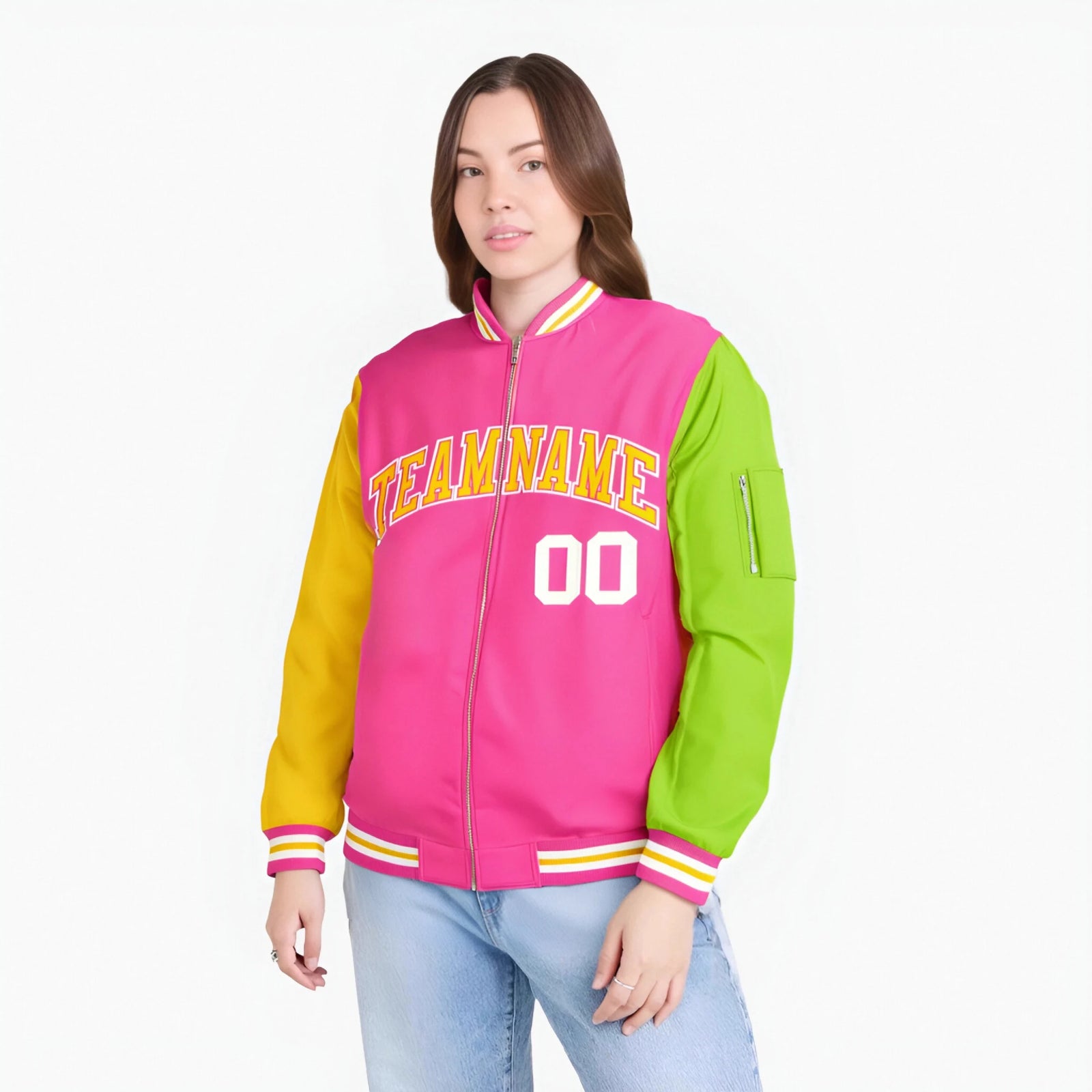 Custom Pink Neon Green-Gold Varsity Full-Zip Raglan Sleeves Letterman Bomber Jacket