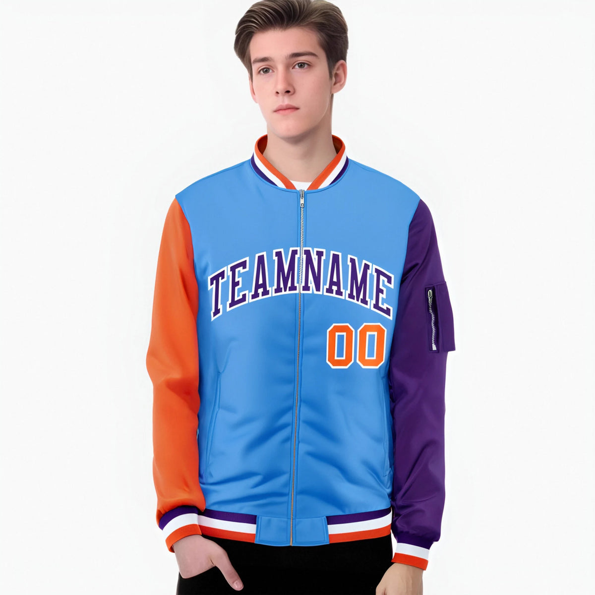 Custom Powder Blue Purple-Orange Varsity Full-Zip Raglan Sleeves Letterman Bomber Jacket