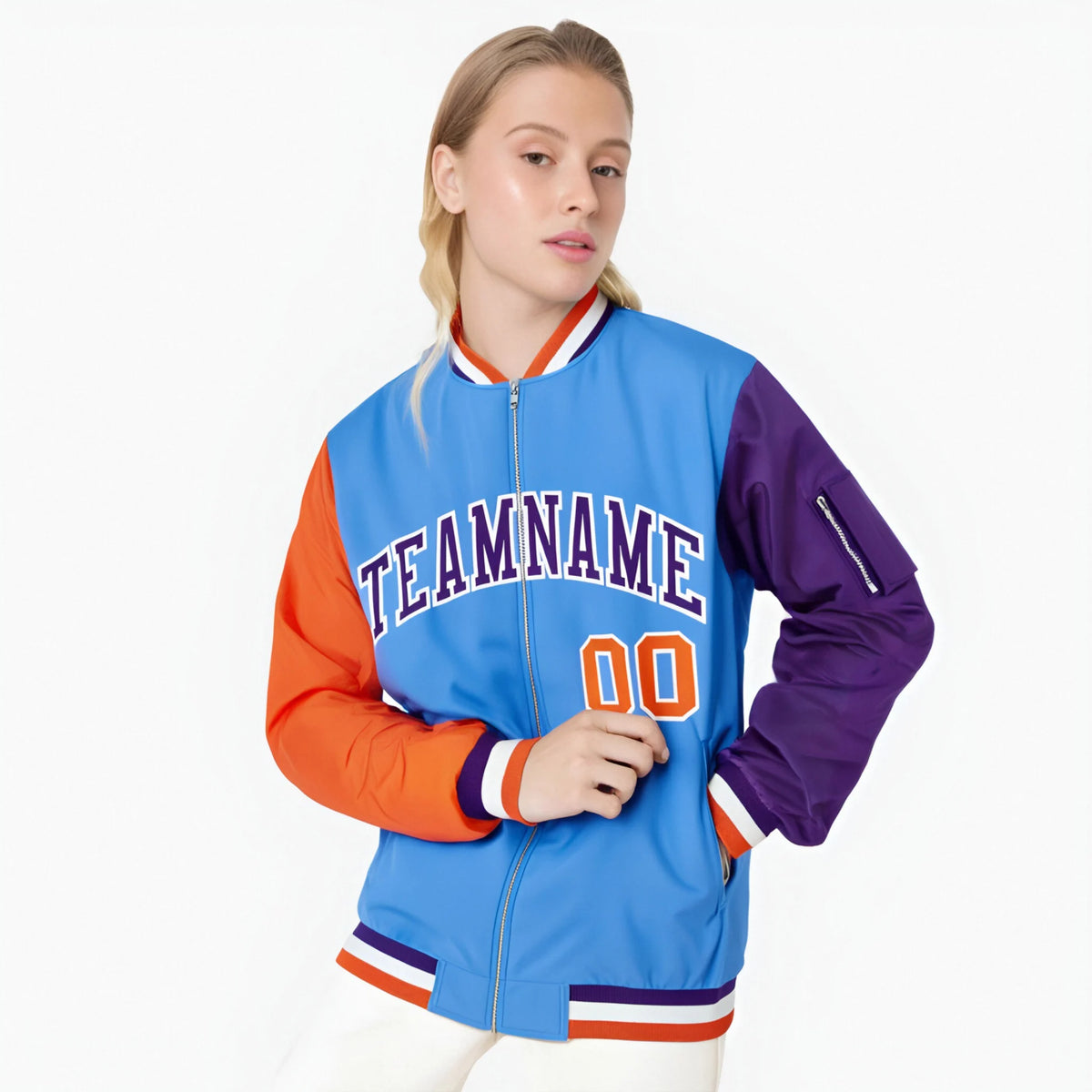 Custom Powder Blue Purple-Orange Varsity Full-Zip Raglan Sleeves Letterman Bomber Jacket