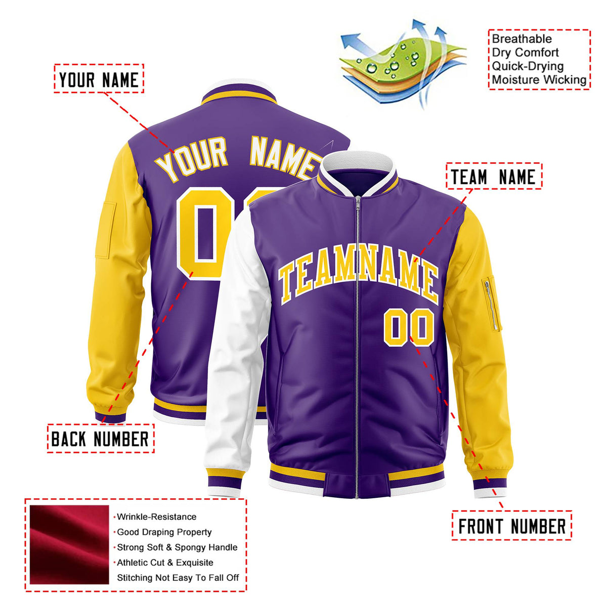 Custom Purple Gold-White Varsity Full-Zip Raglan Sleeves Letterman Bomber Jacket