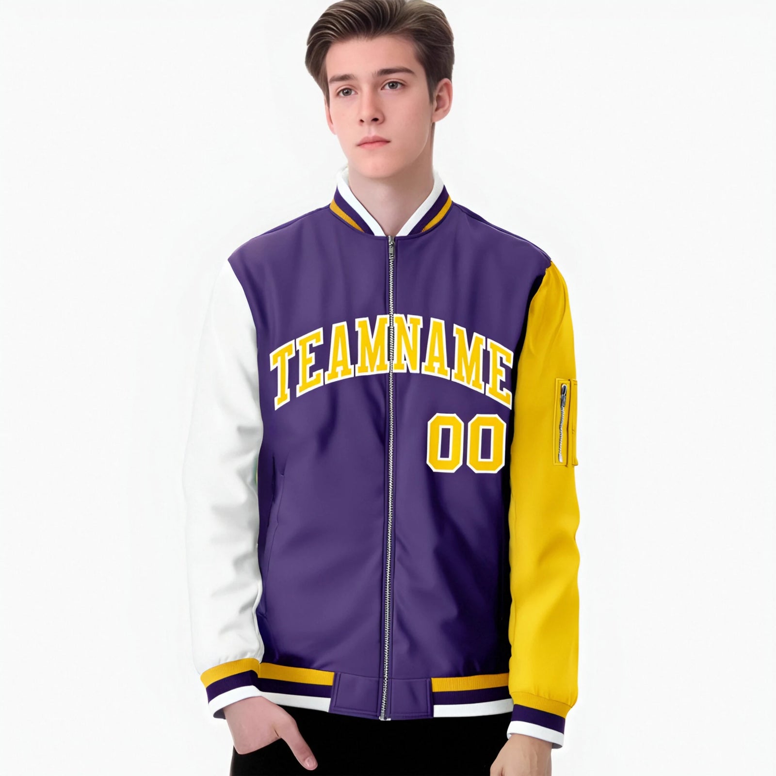Custom Purple Gold-White Varsity Full-Zip Raglan Sleeves Letterman Bomber Jacket