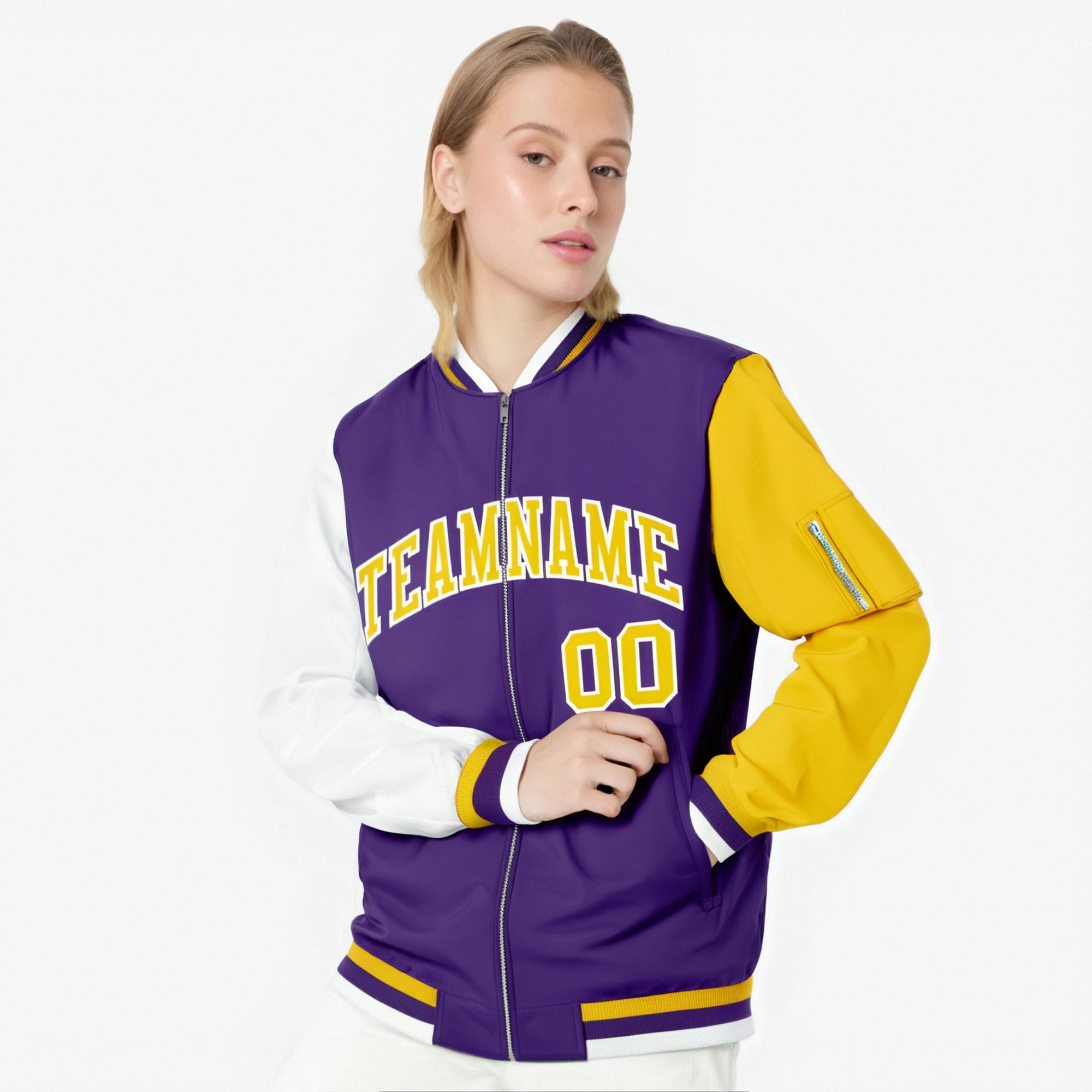Custom Purple Gold-White Varsity Full-Zip Raglan Sleeves Letterman Bomber Jacket