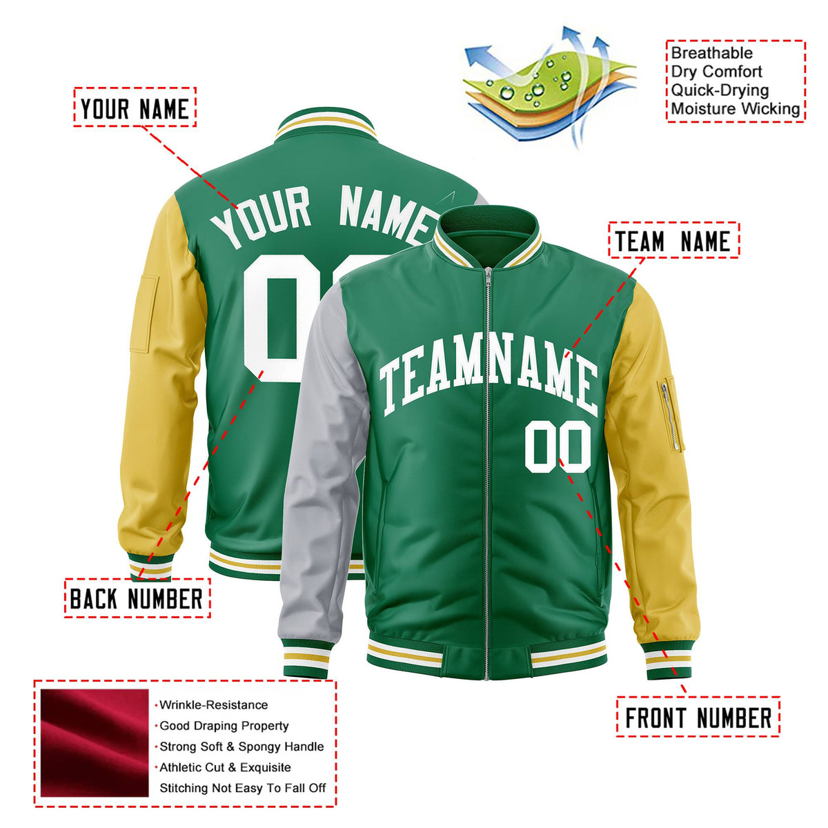 Custom Kelly Green Gold-Gray Varsity Full-Zip Raglan Sleeves Letterman Bomber Jacket