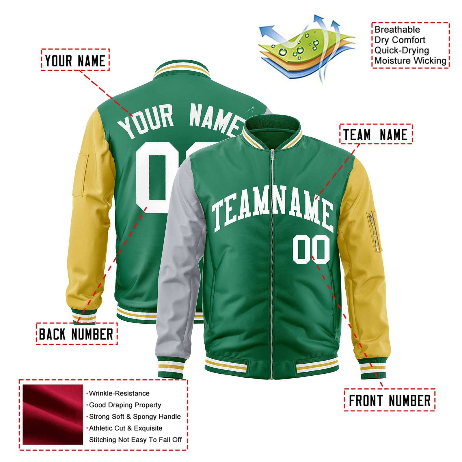Custom Kelly Green Gold-Gray Varsity Full-Zip Raglan Sleeves Letterman Bomber Jacket