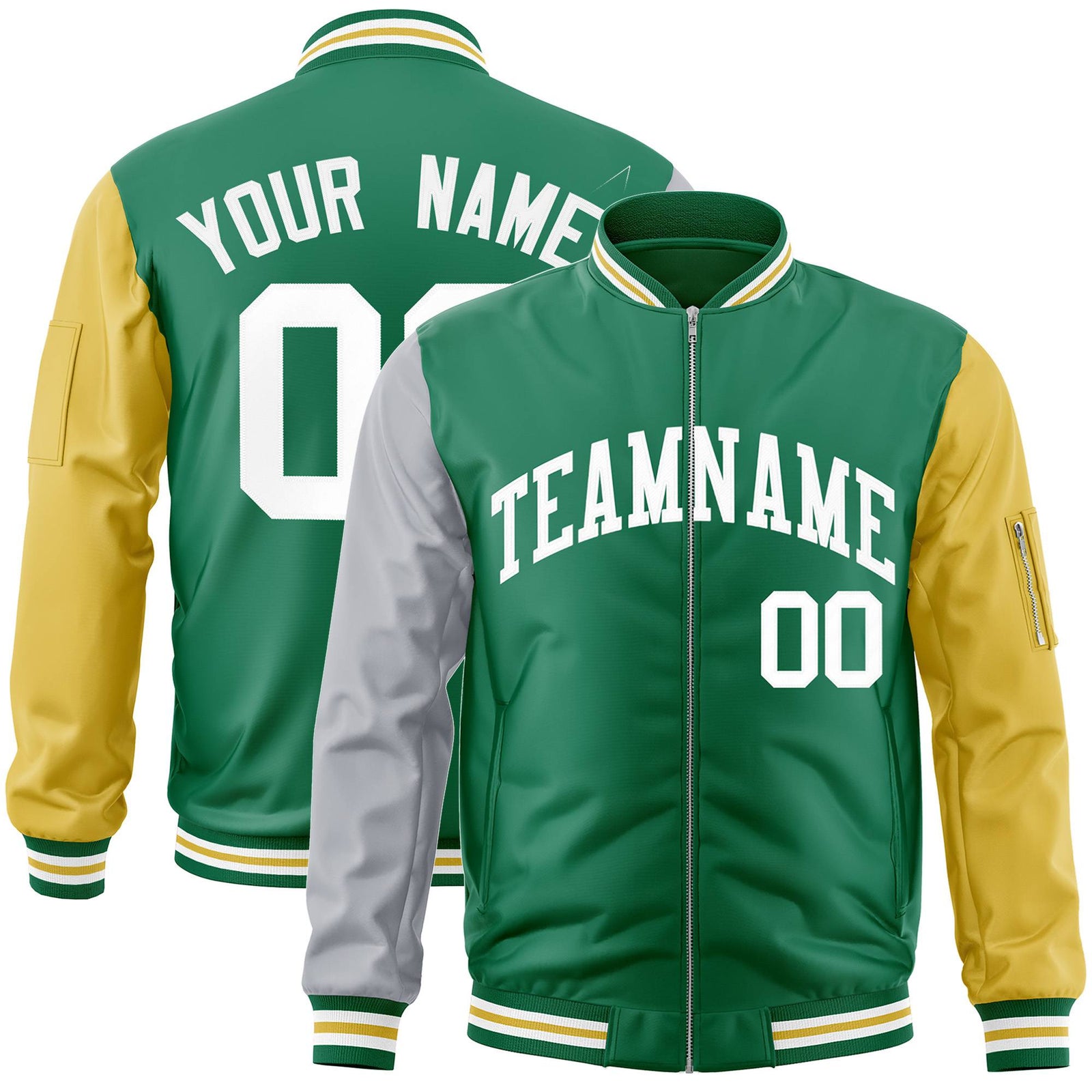 Custom Kelly Green Gold-Gray Varsity Full-Zip Raglan Sleeves Letterman Bomber Jacket