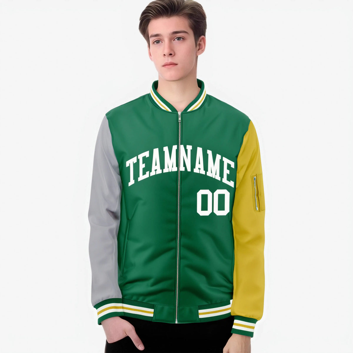 Custom Kelly Green Gold-Gray Varsity Full-Zip Raglan Sleeves Letterman Bomber Jacket