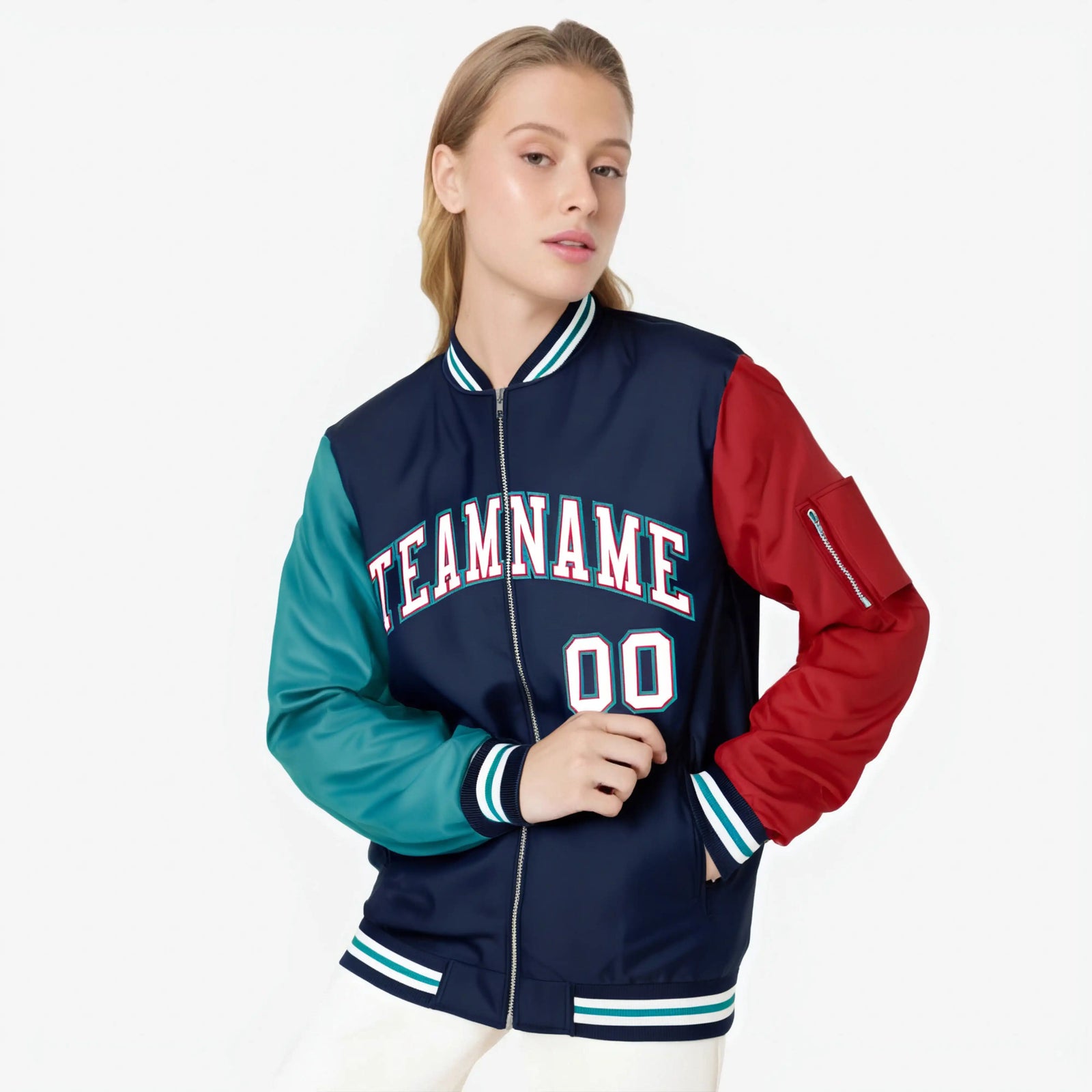 Custom Navy Red-Aqua Varsity Full-Zip Raglan Sleeves Letterman Bomber Jacket