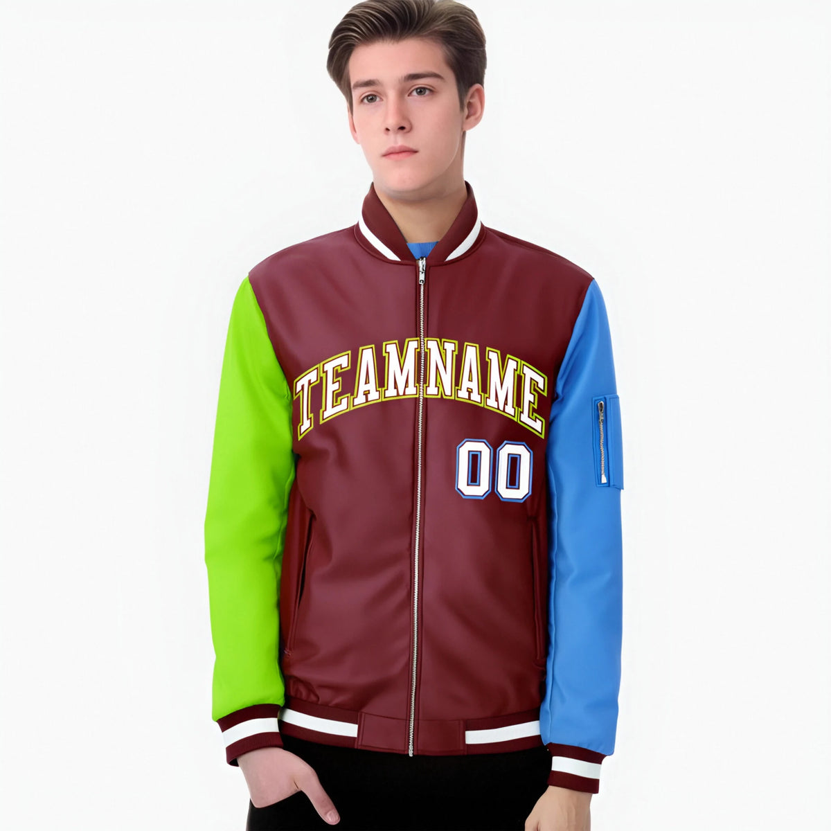 Custom Crimson Powder Blue-Neon Green Varsity Full-Zip Raglan Sleeves Letterman Bomber Jacket