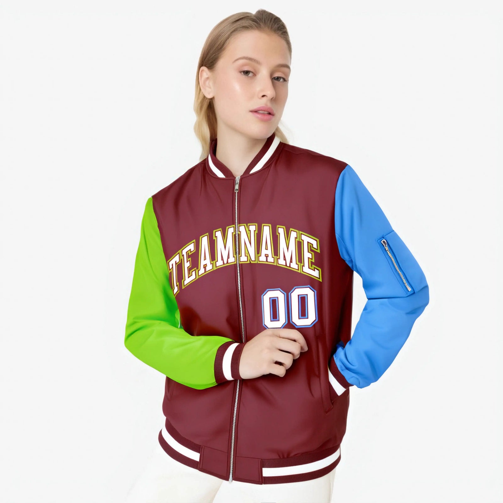 Custom Crimson Powder Blue-Neon Green Varsity Full-Zip Raglan Sleeves Letterman Bomber Jacket