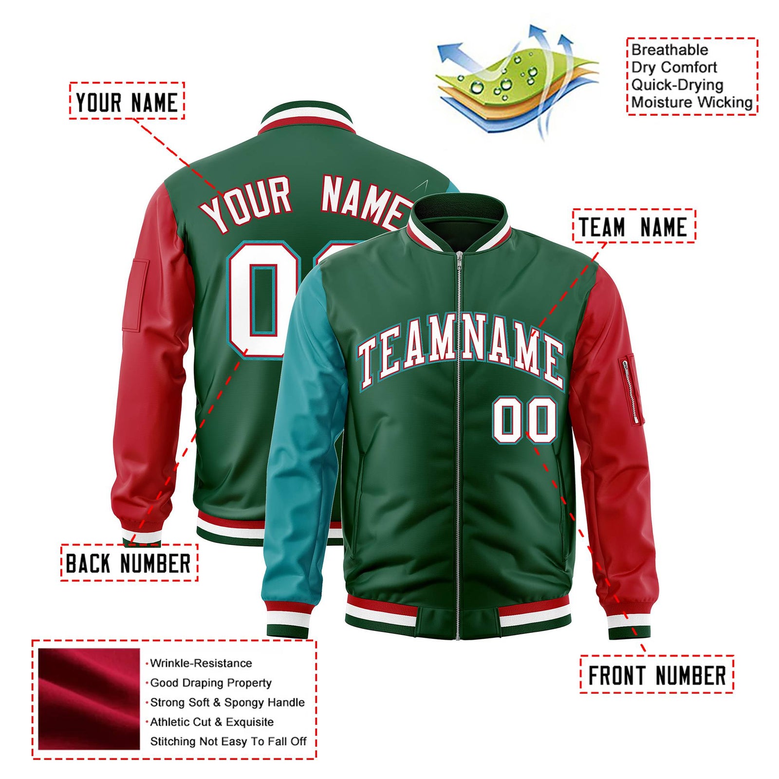 Custom Green Red-Aqua Varsity Full-Zip Raglan Sleeves Letterman Bomber Jacket