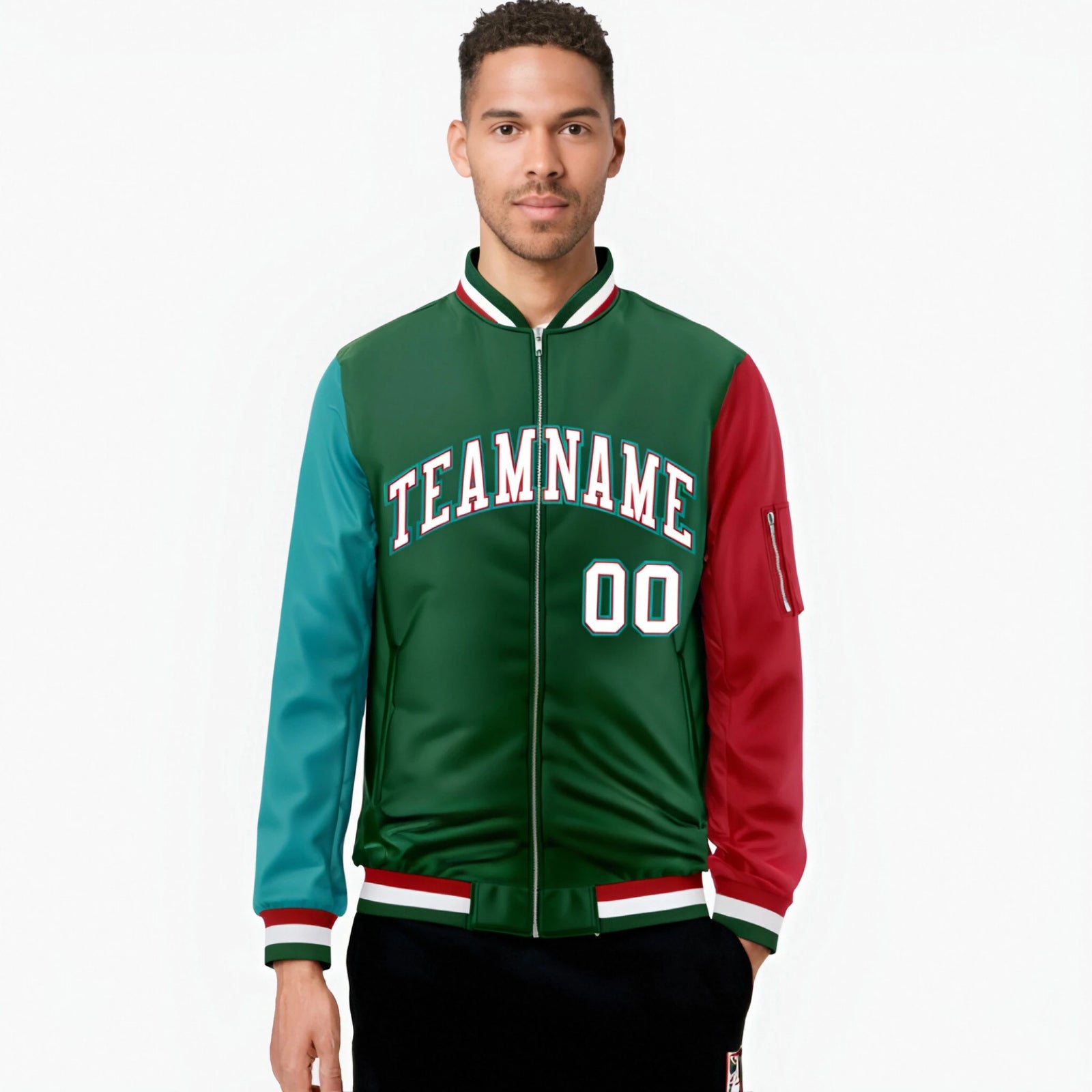 Custom Green Red-Aqua Varsity Full-Zip Raglan Sleeves Letterman Bomber Jacket