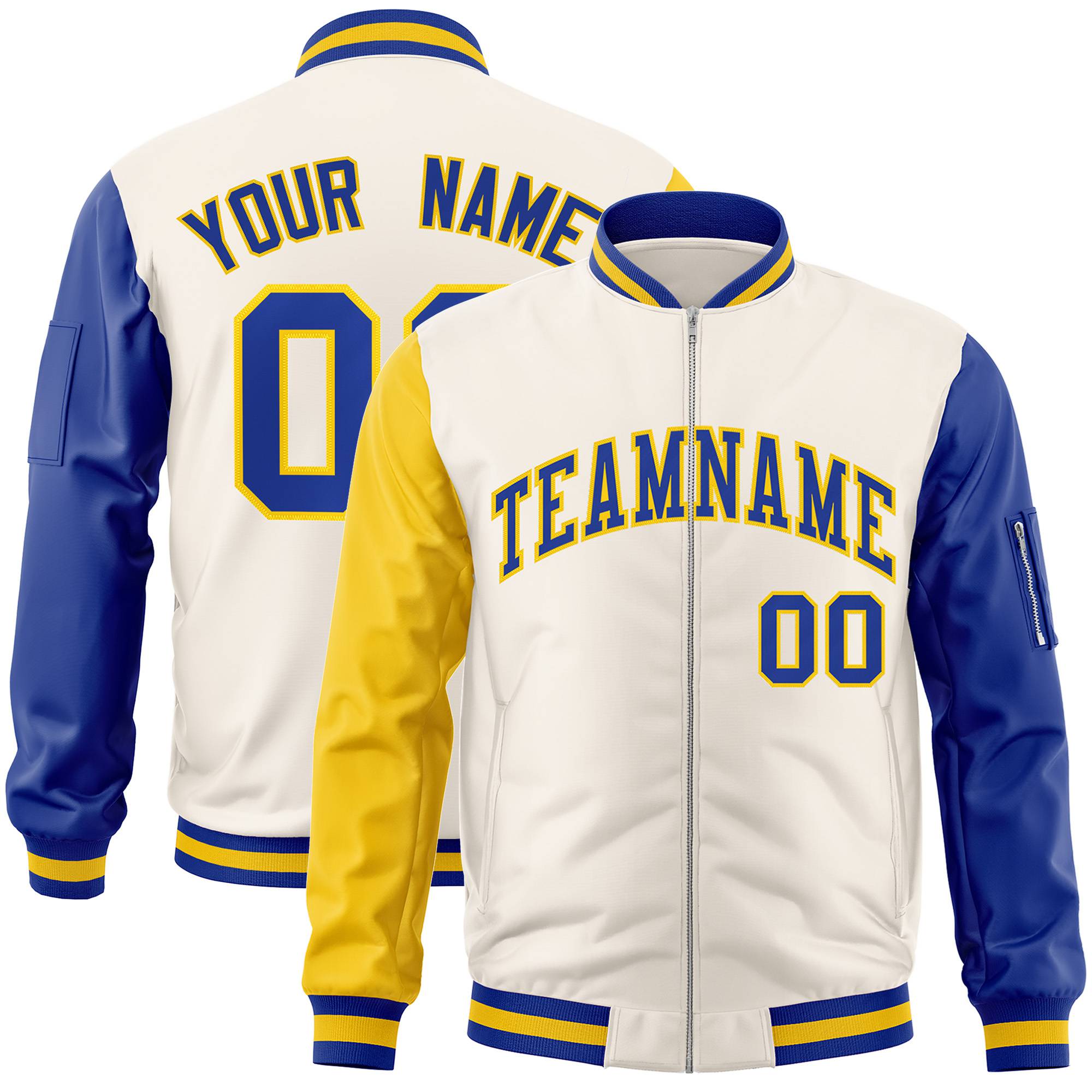 Custom Cream Royal Blue-Gold Varsity Full-Zip Raglan Sleeves Letterman Bomber Jacket