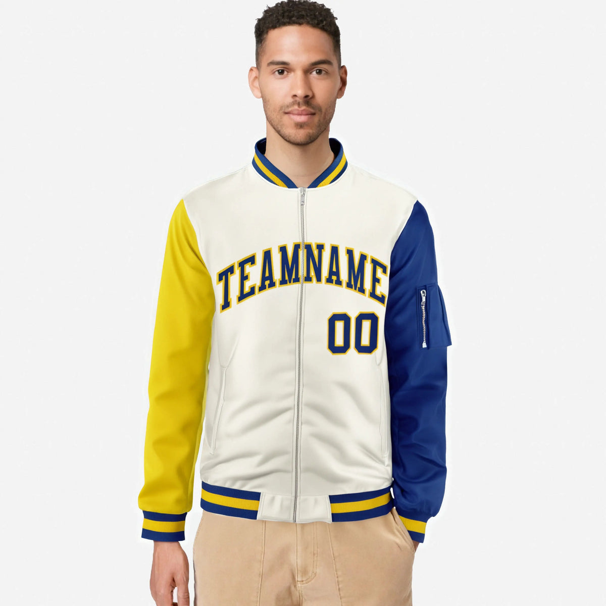 Custom Cream Royal Blue-Gold Varsity Full-Zip Raglan Sleeves Letterman Bomber Jacket