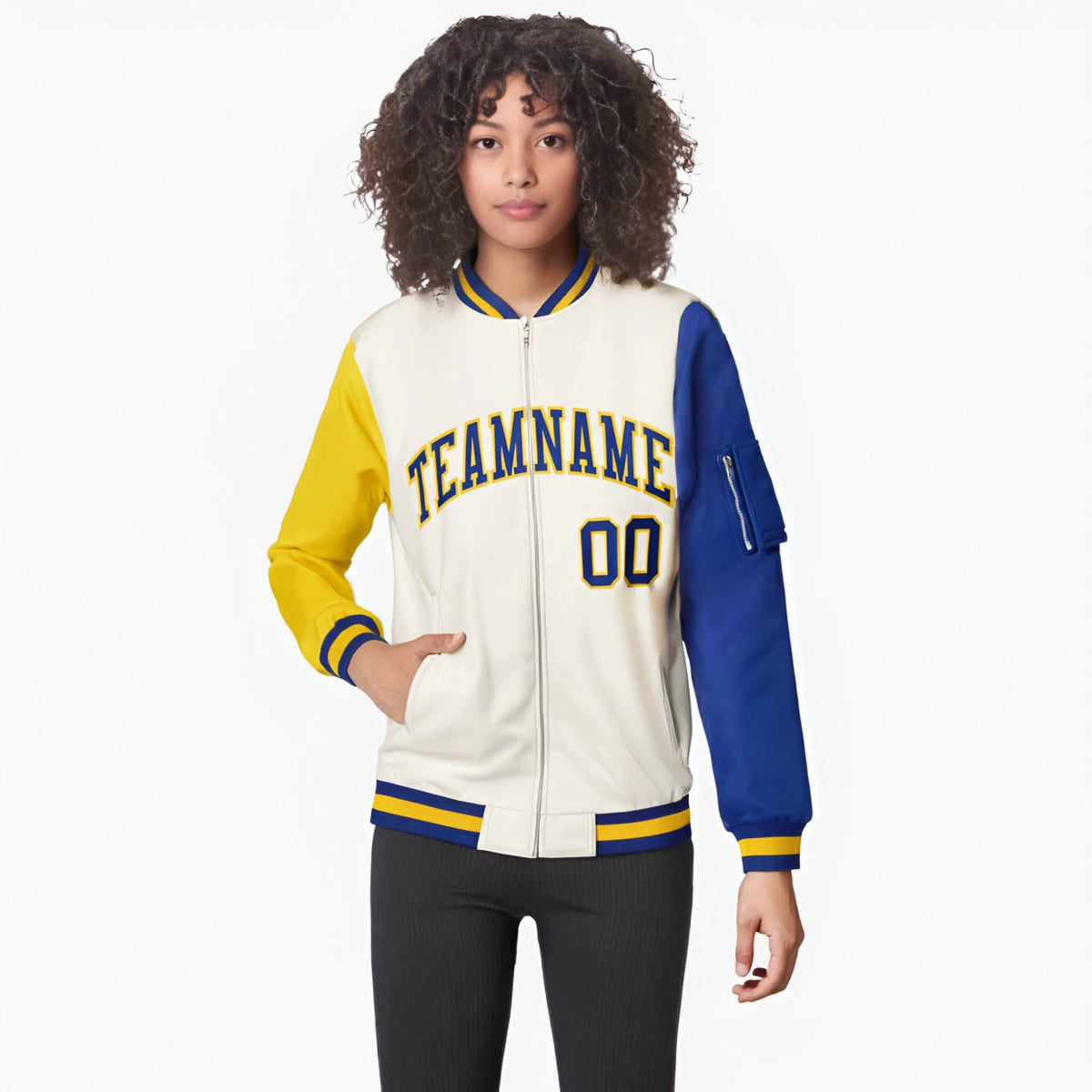 Custom Cream Royal Blue-Gold Varsity Full-Zip Raglan Sleeves Letterman Bomber Jacket