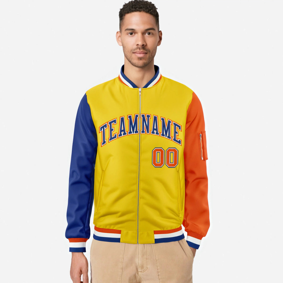 Custom Gold Orange-Royal Blue Varsity Full-Zip Raglan Sleeves Letterman Bomber Jacket