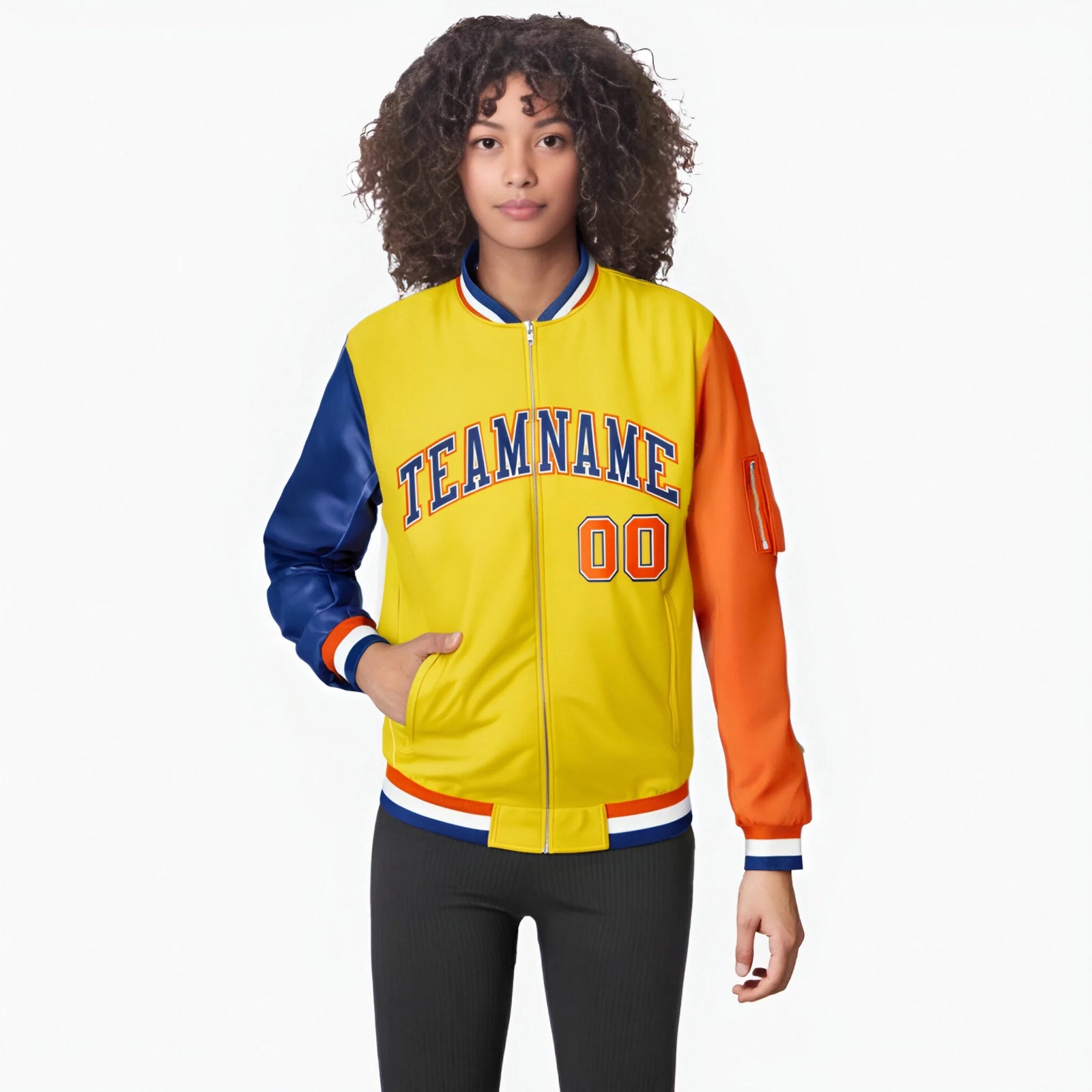 Custom Gold Orange-Royal Blue Varsity Full-Zip Raglan Sleeves Letterman Bomber Jacket