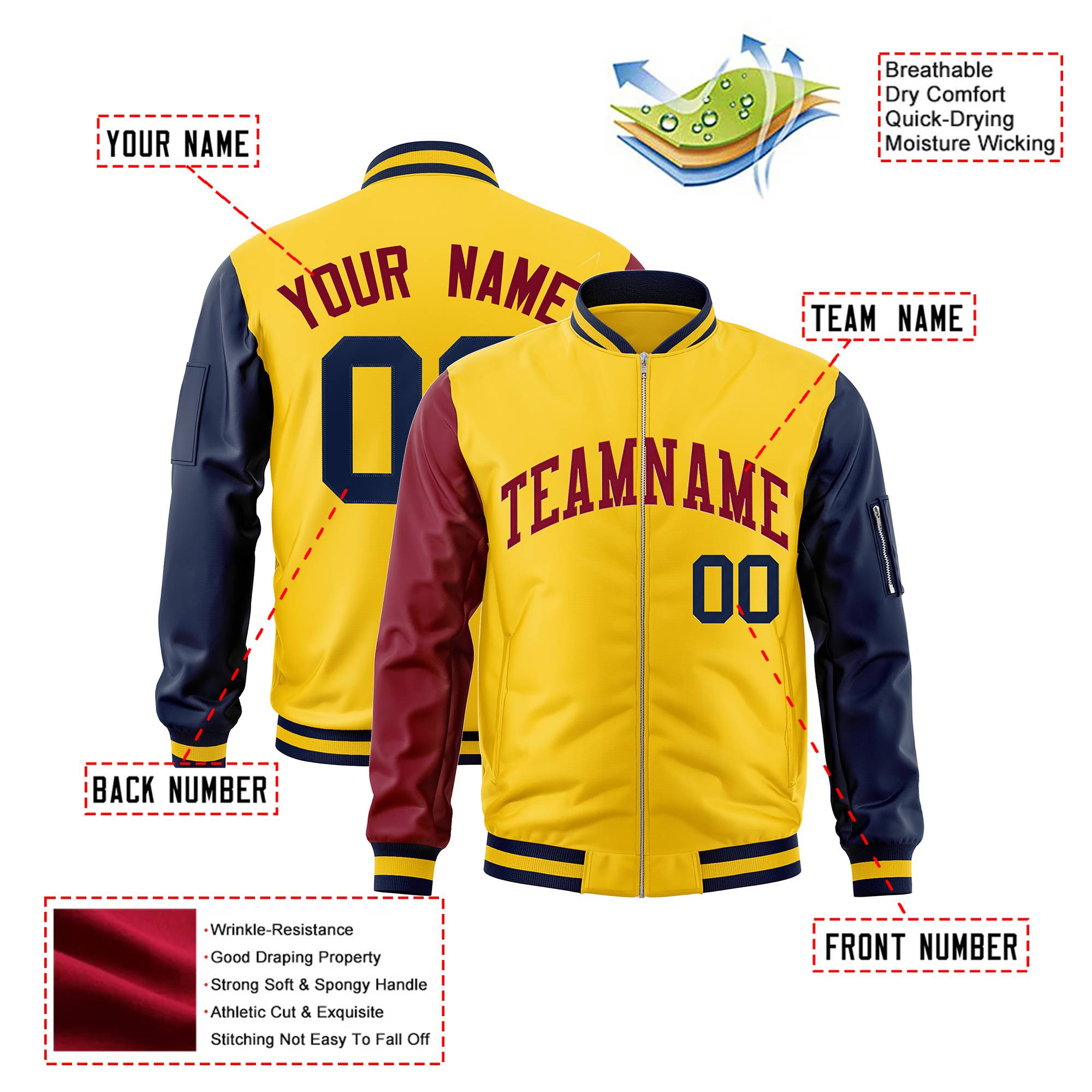 Custom Gold Navy-Crimson Varsity Full-Zip Raglan Sleeves Letterman Bomber Jacket