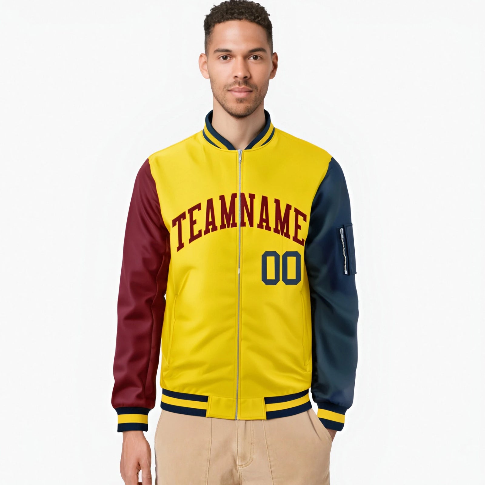 Custom Gold Navy-Crimson Varsity Full-Zip Raglan Sleeves Letterman Bomber Jacket