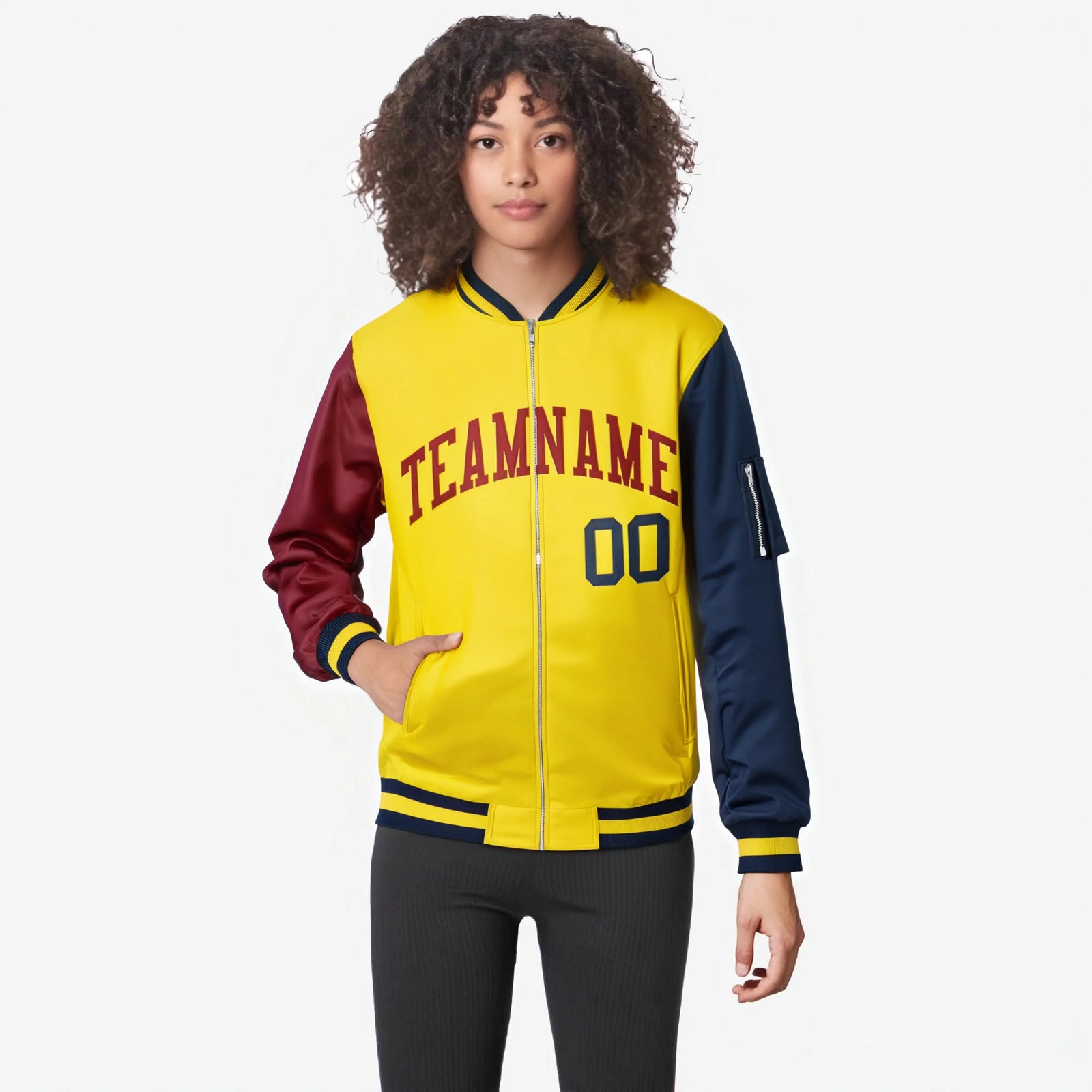 Custom Gold Navy-Crimson Varsity Full-Zip Raglan Sleeves Letterman Bomber Jacket