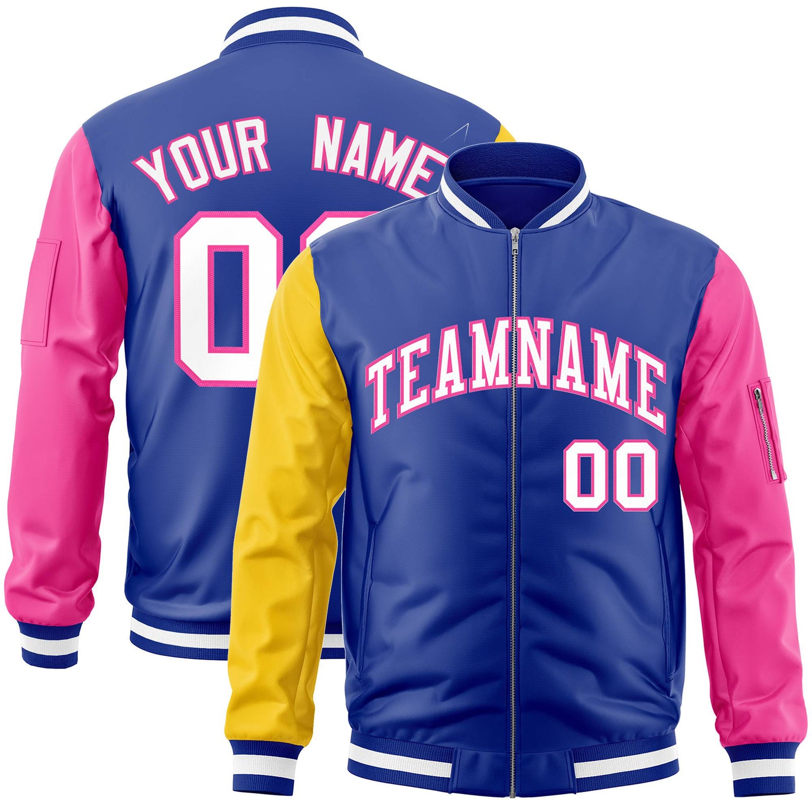 Custom Royal Blue Pink-Gold Varsity Full-Zip Raglan Sleeves Letterman Bomber Jacket