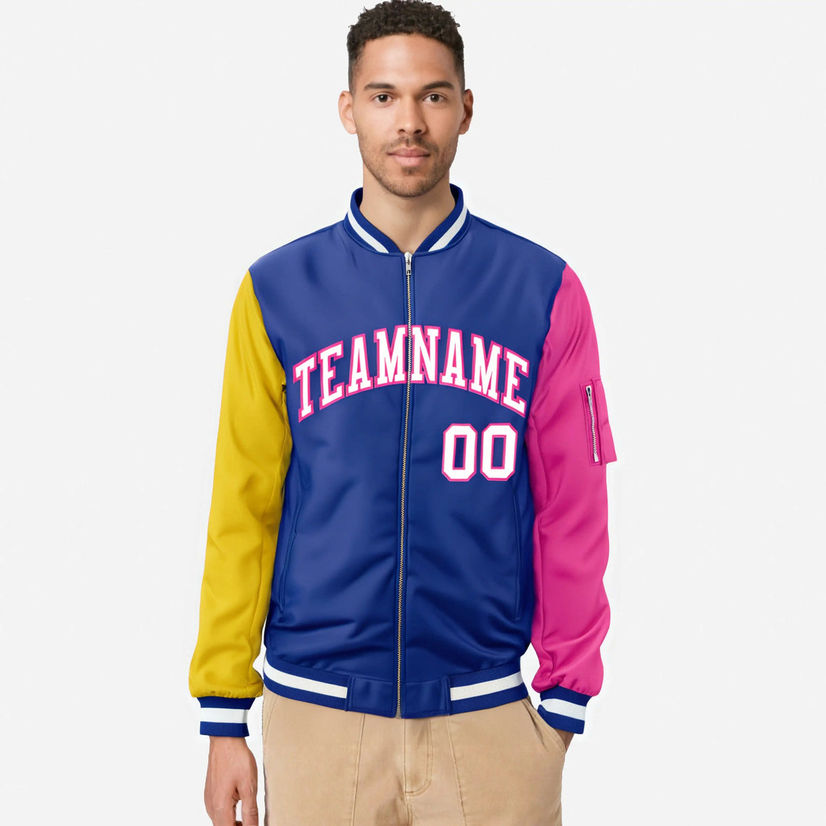 Custom Royal Blue Pink-Gold Varsity Full-Zip Raglan Sleeves Letterman Bomber Jacket