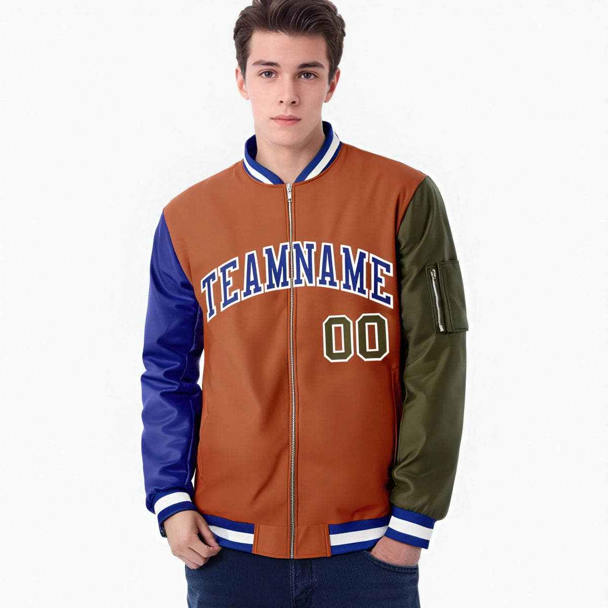 Custom Munsell Olive-Royal Blue Varsity Full-Zip Raglan Sleeves Letterman Bomber Jacket