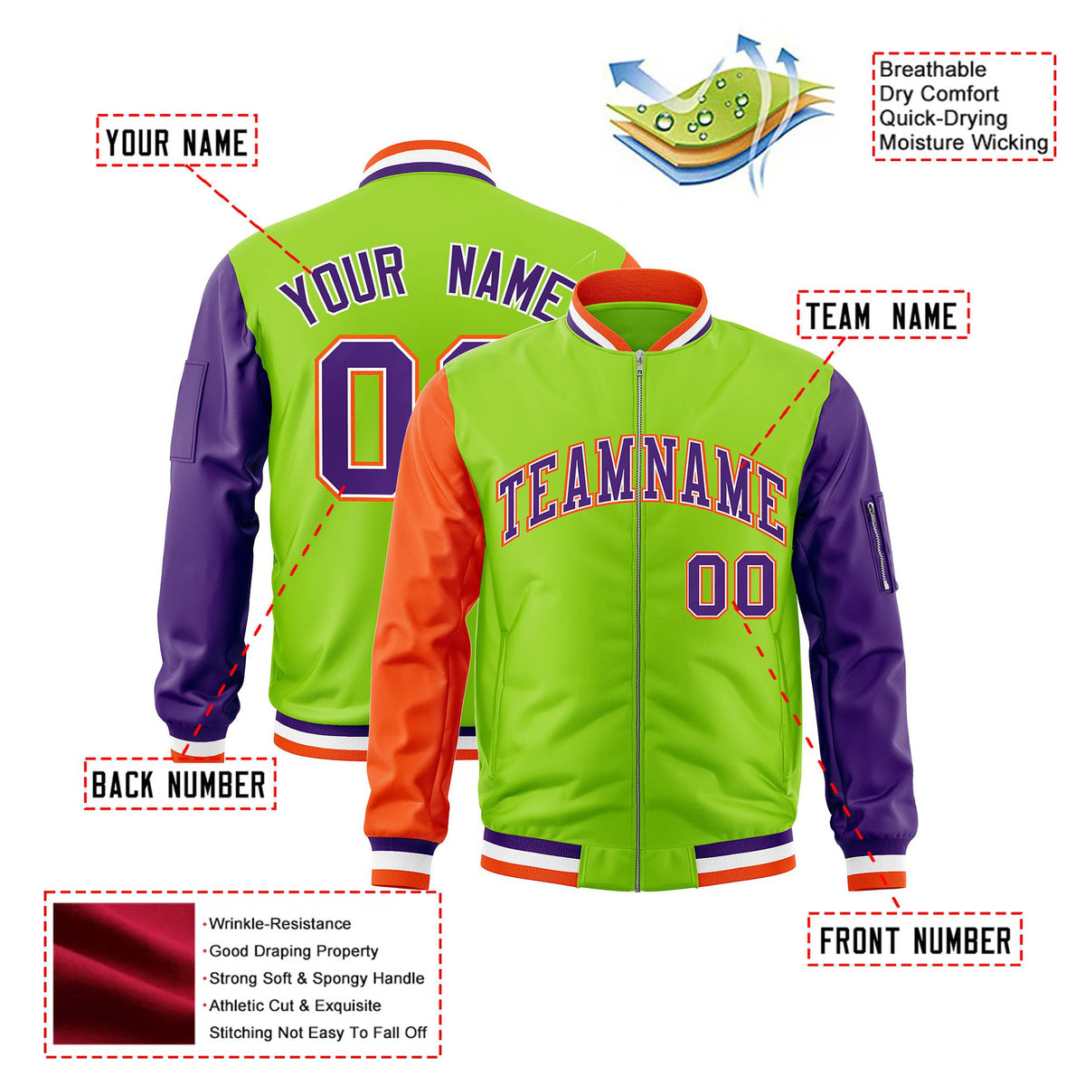 Custom Neon Green Purple-Orange Varsity Full-Zip Raglan Sleeves Letterman Bomber Jacket