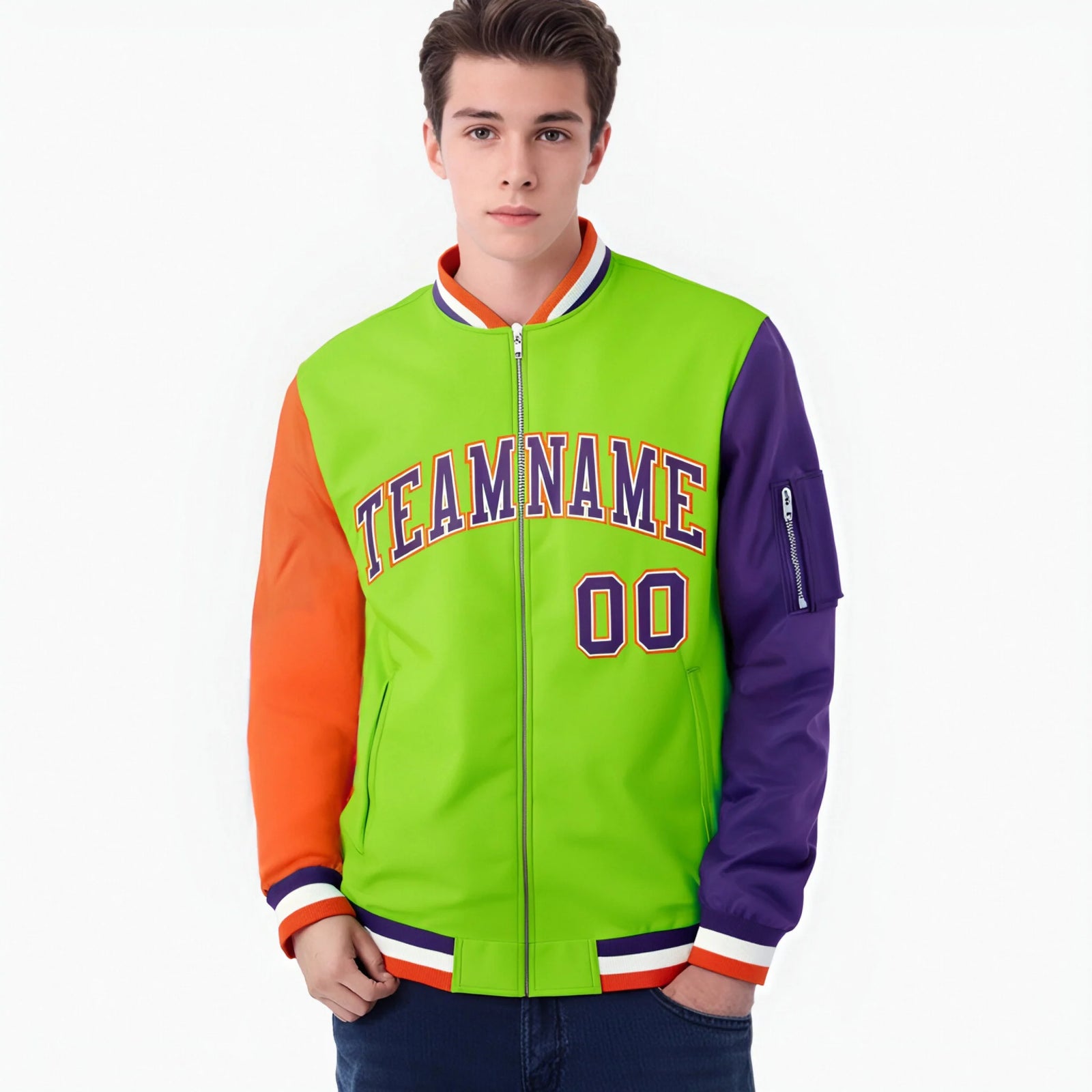 Custom Neon Green Purple-Orange Varsity Full-Zip Raglan Sleeves Letterman Bomber Jacket