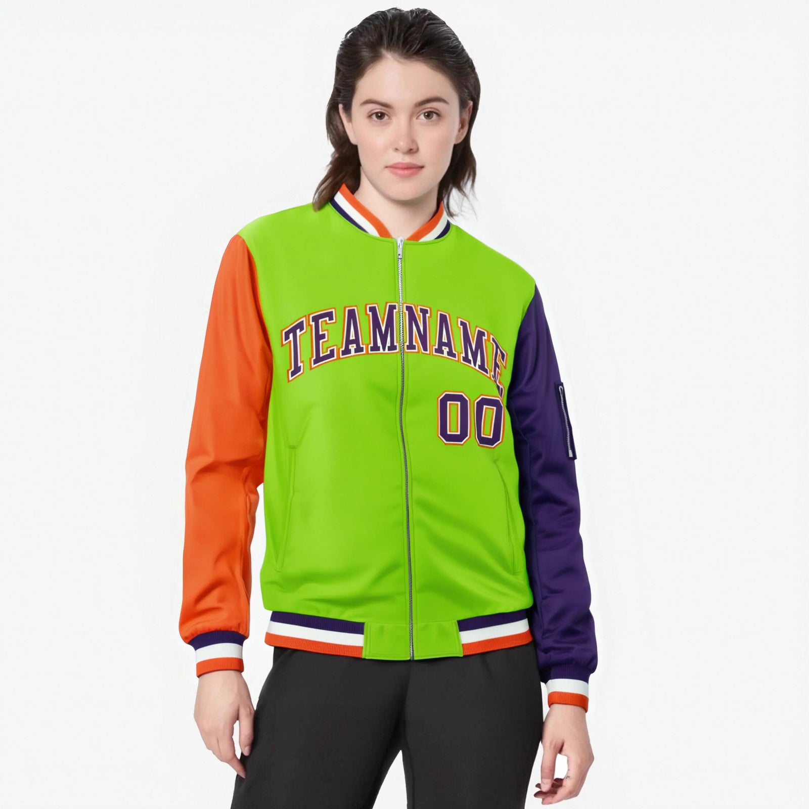 Custom Neon Green Purple-Orange Varsity Full-Zip Raglan Sleeves Letterman Bomber Jacket