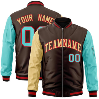 Custom Brown Aqua Khaki Varsity Full Zip Raglan Sleeves Letterman Bomber Jacket - Style 1