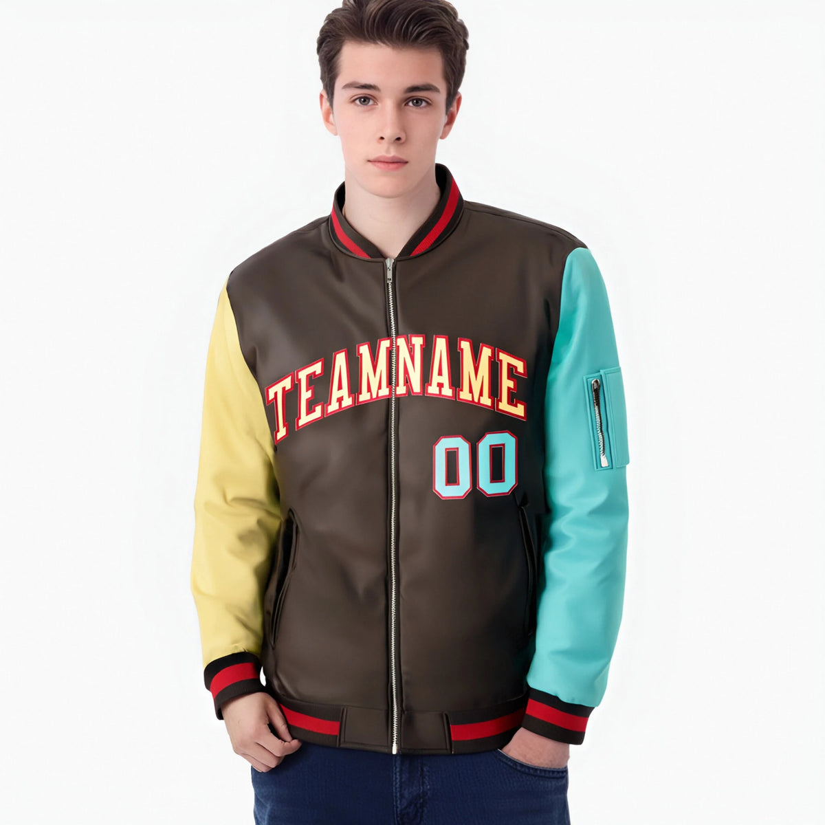 Custom Brown Aqua-Old Gold Varsity Full-Zip Raglan Sleeves Letterman Bomber Jacket