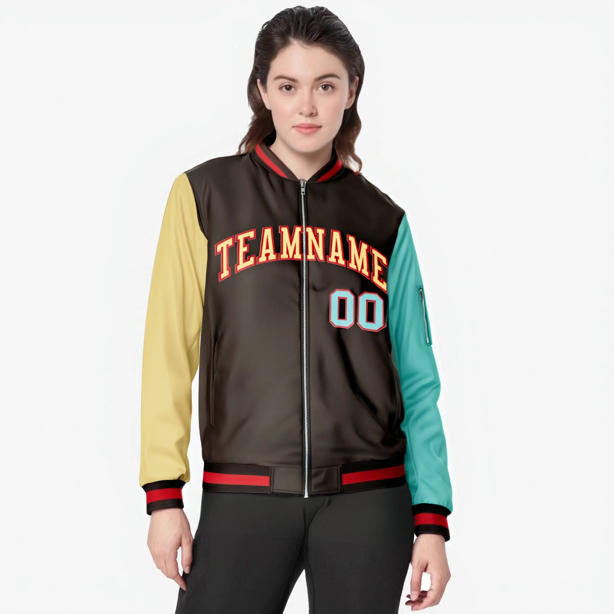 Custom Brown Aqua-Old Gold Varsity Full-Zip Raglan Sleeves Letterman Bomber Jacket