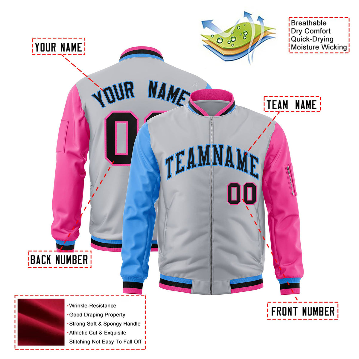 Custom Gray Pink-Royal Blue Varsity Full-Zip Raglan Sleeves Letterman Bomber Jacket