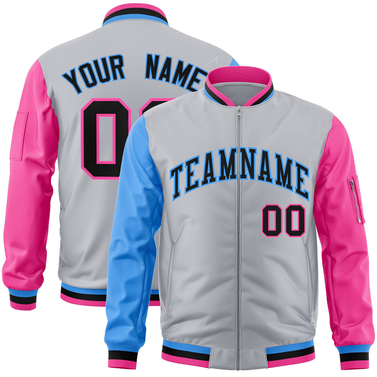 Custom Gray Pink-Royal Blue Varsity Full-Zip Raglan Sleeves Letterman Bomber Jacket