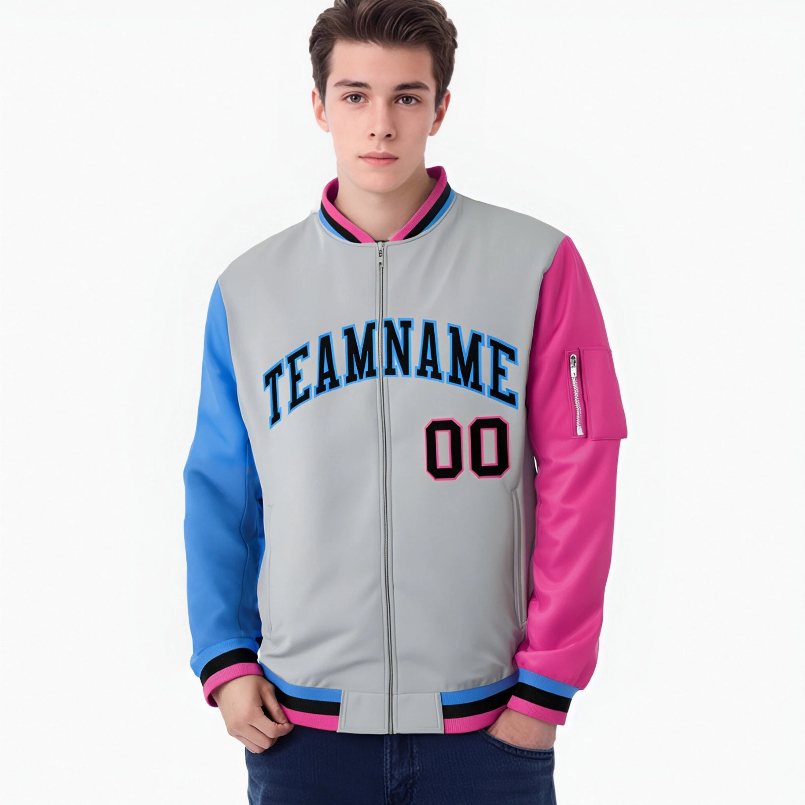 Custom Gray Pink-Royal Blue Varsity Full-Zip Raglan Sleeves Letterman Bomber Jacket