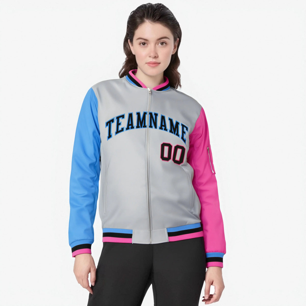 Custom Gray Pink-Royal Blue Varsity Full-Zip Raglan Sleeves Letterman Bomber Jacket