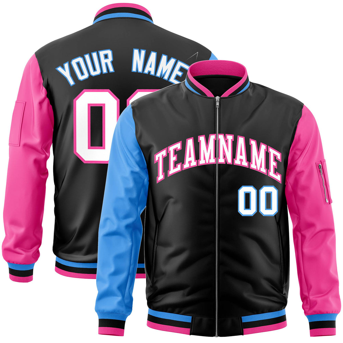 Custom Black Pink-Royal Blue Varsity Full-Zip Raglan Sleeves Letterman Bomber Jacket