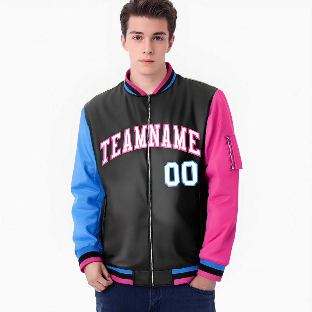 Custom Black Pink-Royal Blue Varsity Full-Zip Raglan Sleeves Letterman Bomber Jacket