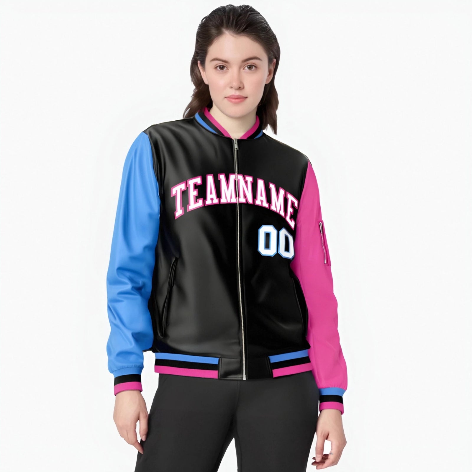 Custom Black Pink-Royal Blue Varsity Full-Zip Raglan Sleeves Letterman Bomber Jacket