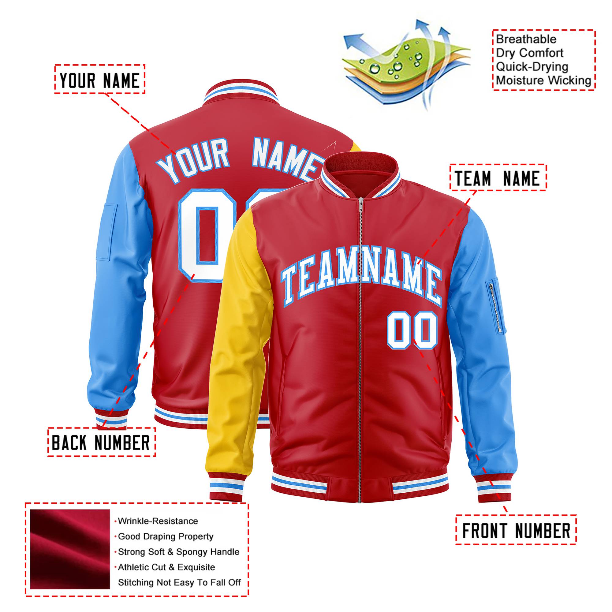 Custom Red Royal Blue-Gold Varsity Full-Zip Raglan Sleeves Letterman Bomber Jacket