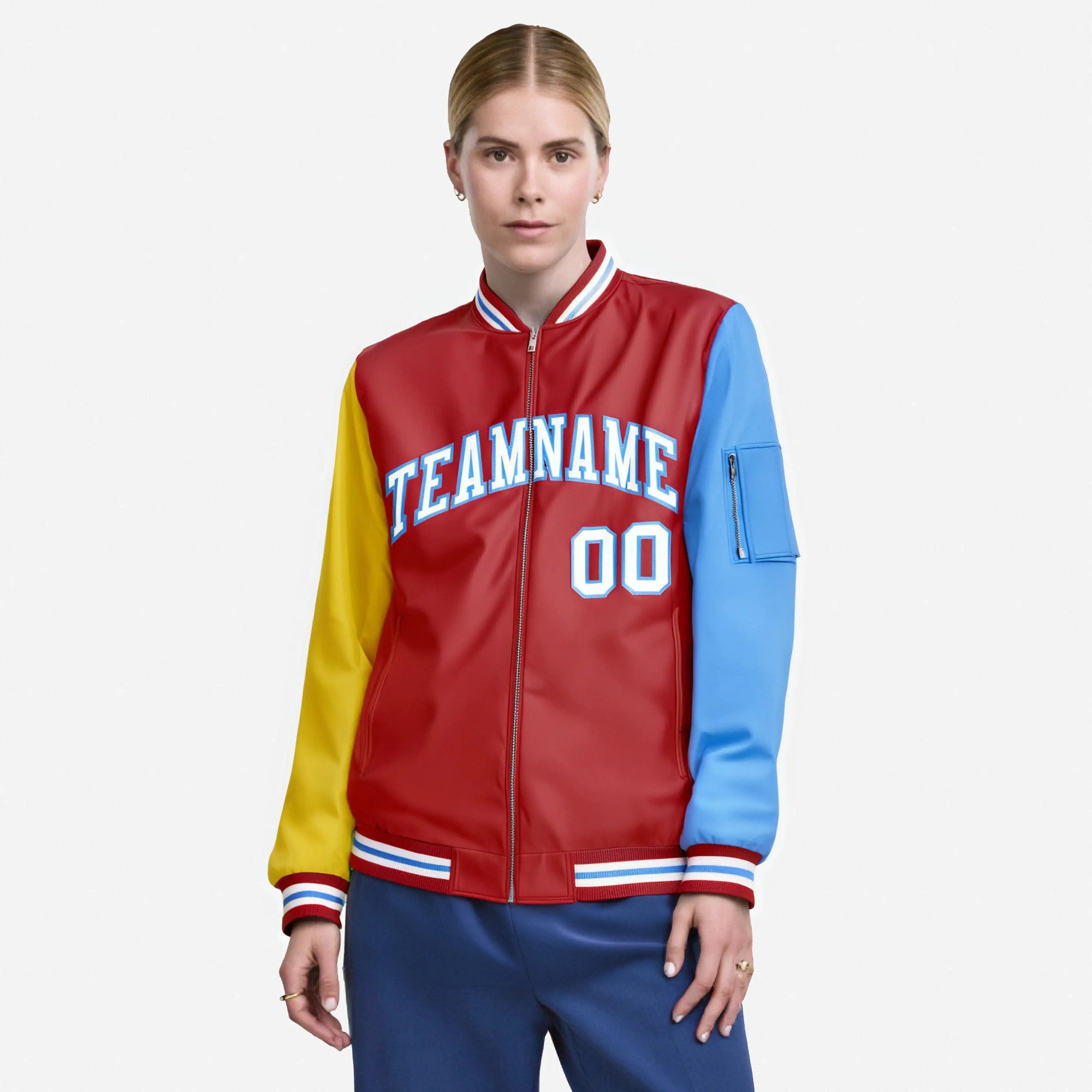 Custom Red Royal Blue-Gold Varsity Full-Zip Raglan Sleeves Letterman Bomber Jacket