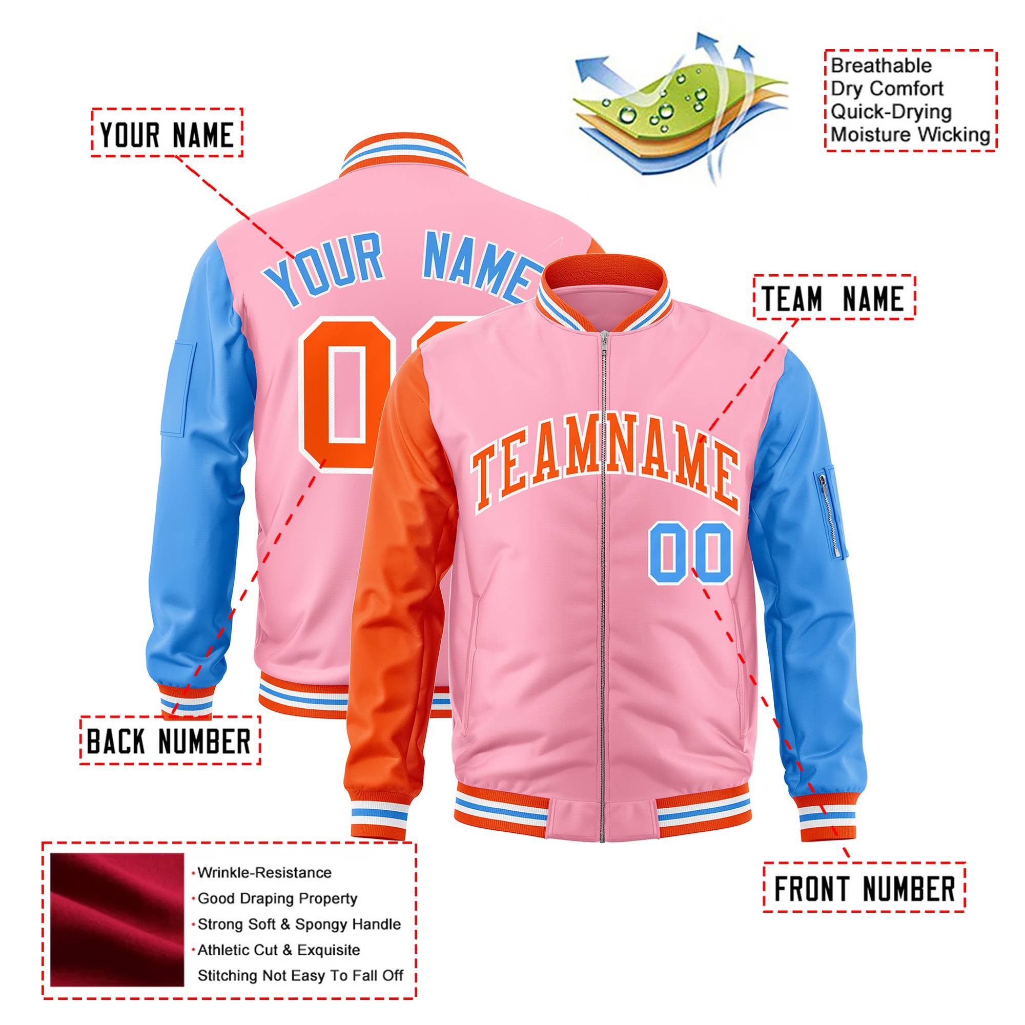 Custom Light Pink Royal Blue-Orange Varsity Full-Zip Raglan Sleeves Letterman Bomber Jacket