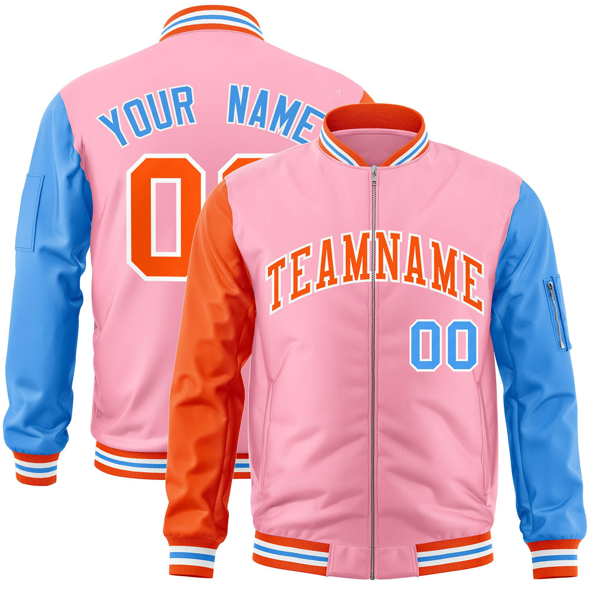 Custom Light Pink Royal Blue-Orange Varsity Full-Zip Raglan Sleeves Letterman Bomber Jacket