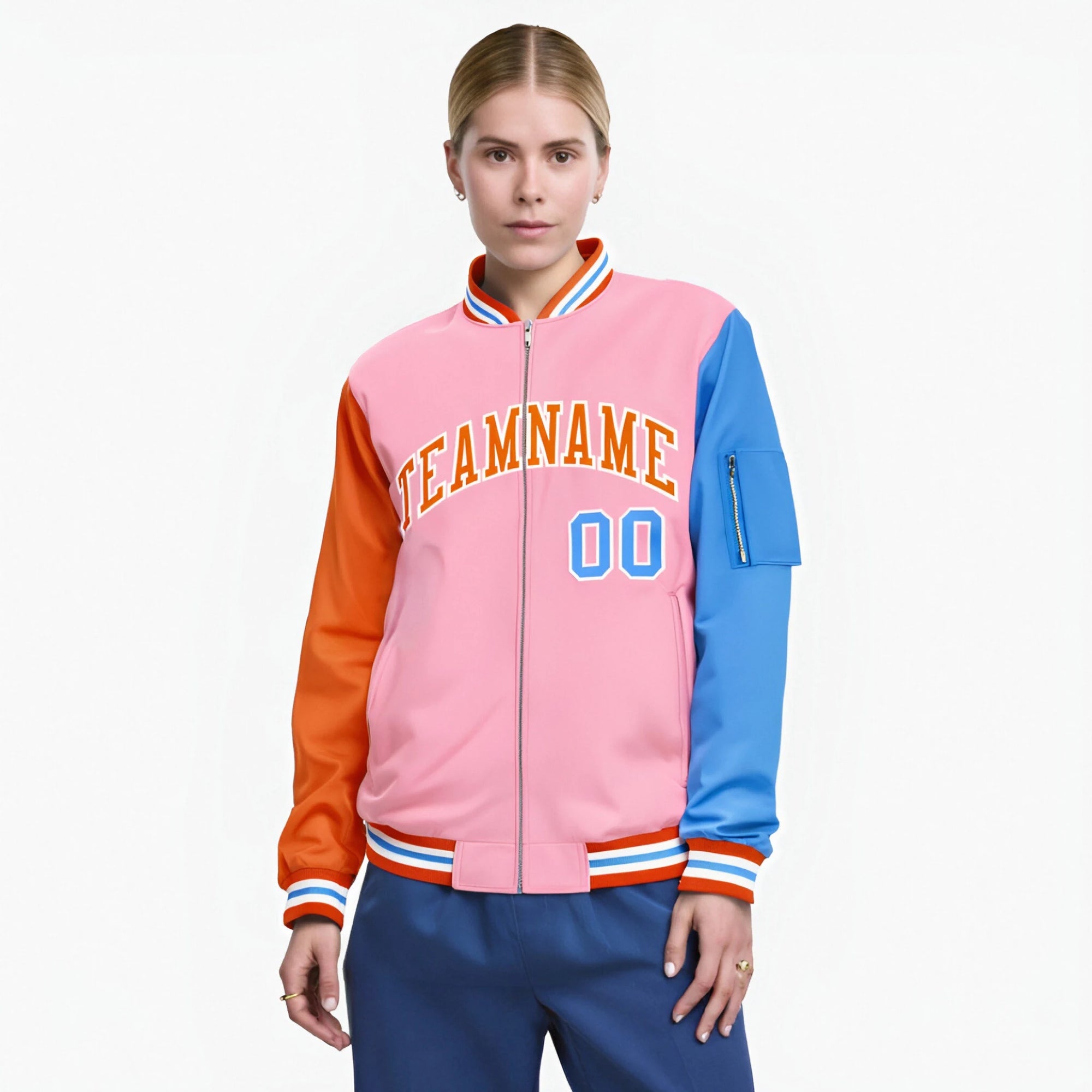 Custom Light Pink Royal Blue-Orange Varsity Full-Zip Raglan Sleeves Letterman Bomber Jacket