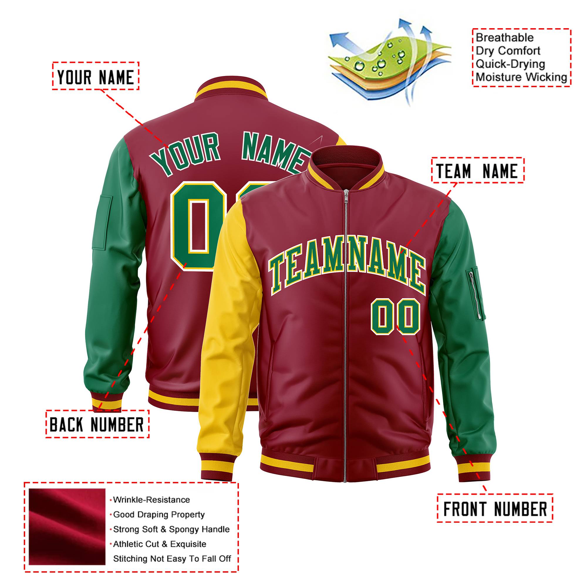 Custom Crimson Green-Gold Varsity Full-Zip Raglan Sleeves Letterman Bomber Jacket