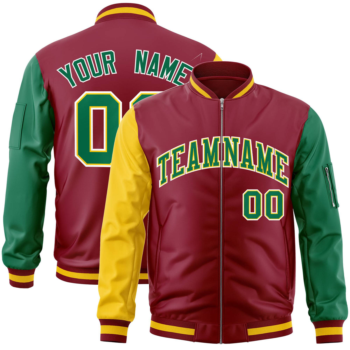 Custom Crimson Green-Gold Varsity Full-Zip Raglan Sleeves Letterman Bomber Jacket