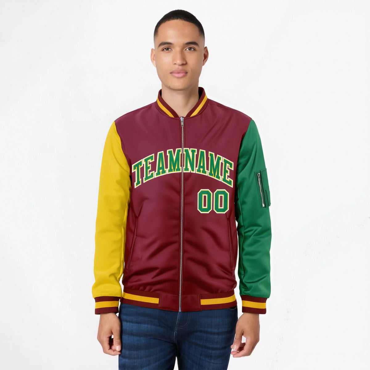 Custom Crimson Green-Gold Varsity Full-Zip Raglan Sleeves Letterman Bomber Jacket