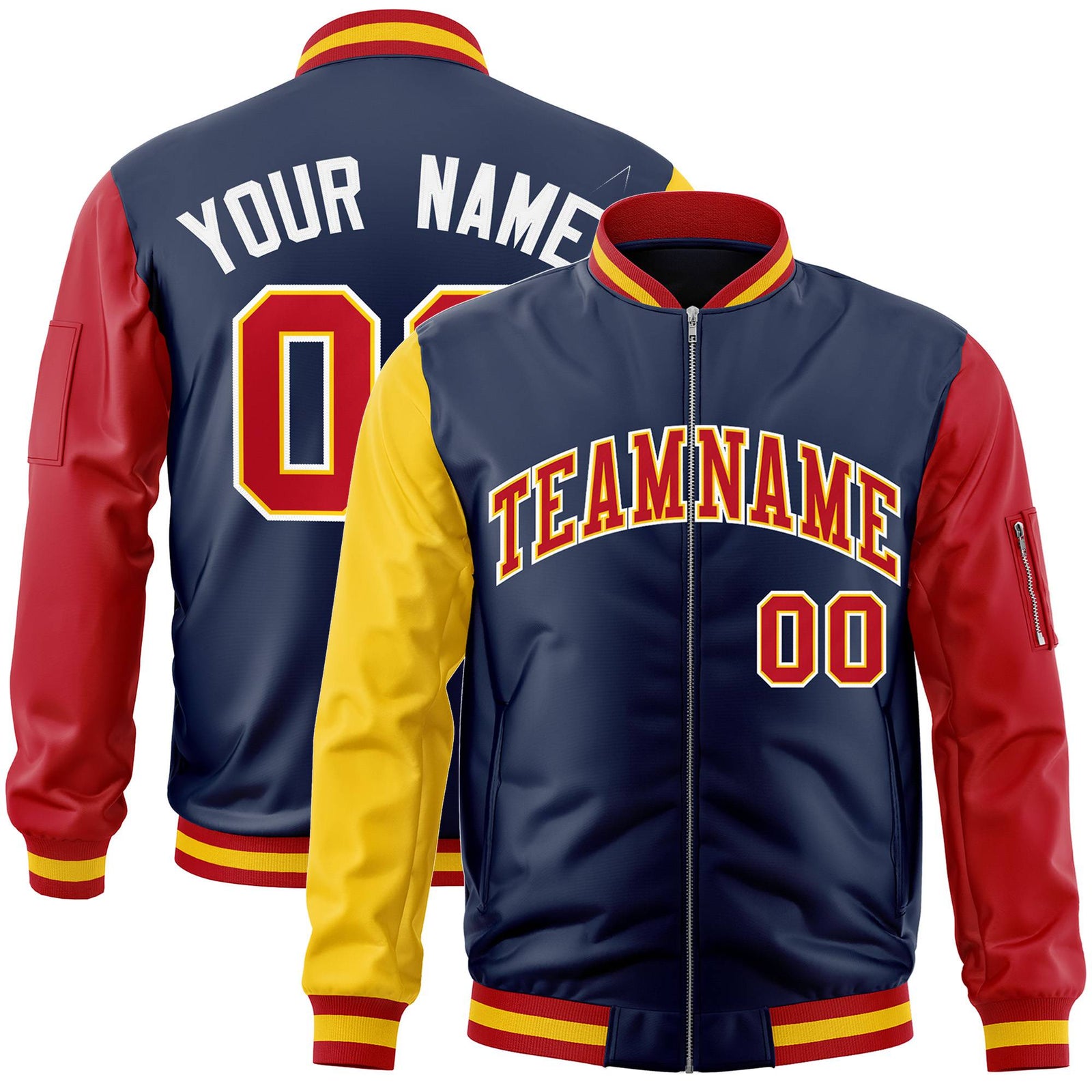 Custom Navy Blue Red-Gold Varsity Full-Zip Raglan Sleeves Letterman Bomber Jacket