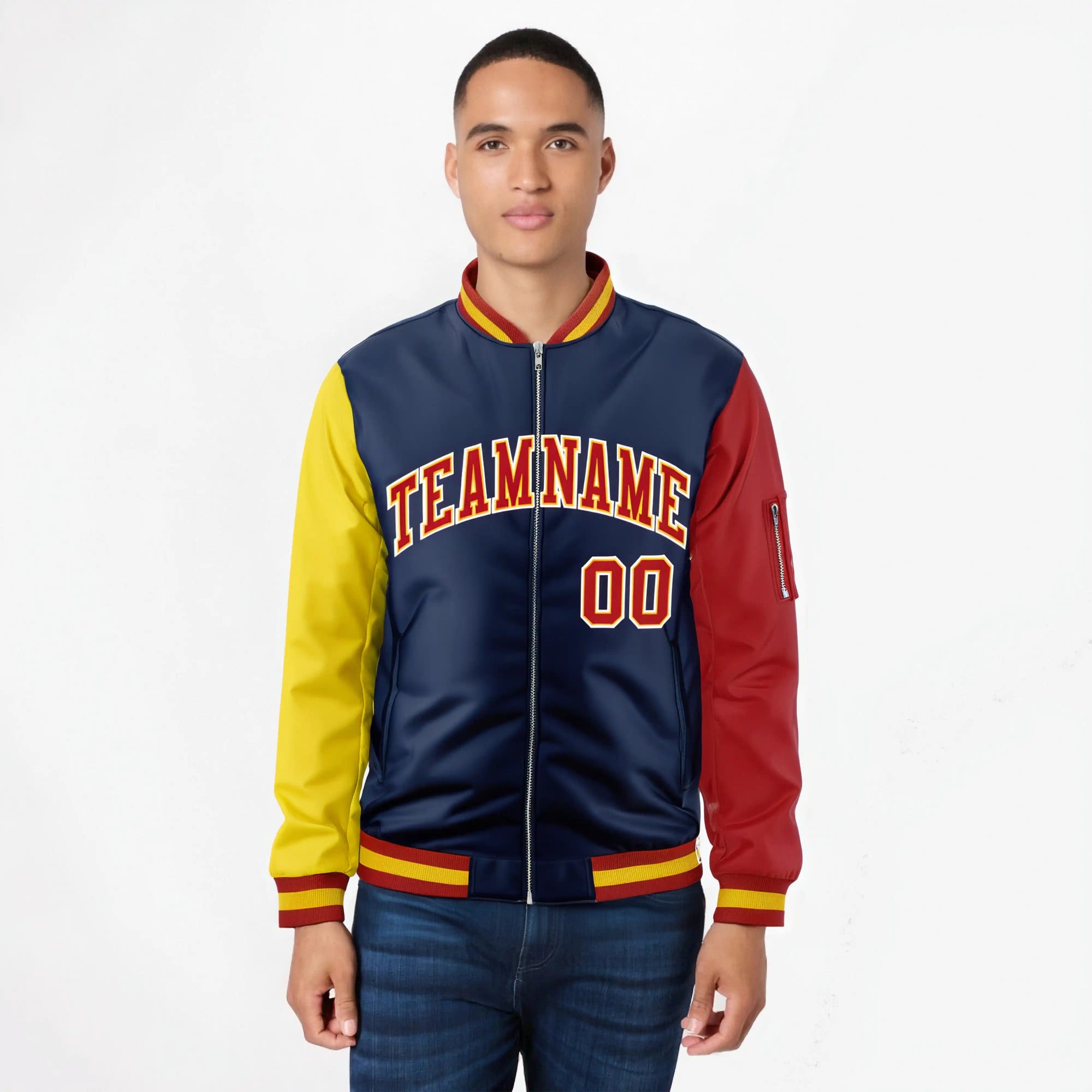 Custom Navy Blue Red-Gold Varsity Full-Zip Raglan Sleeves Letterman Bomber Jacket